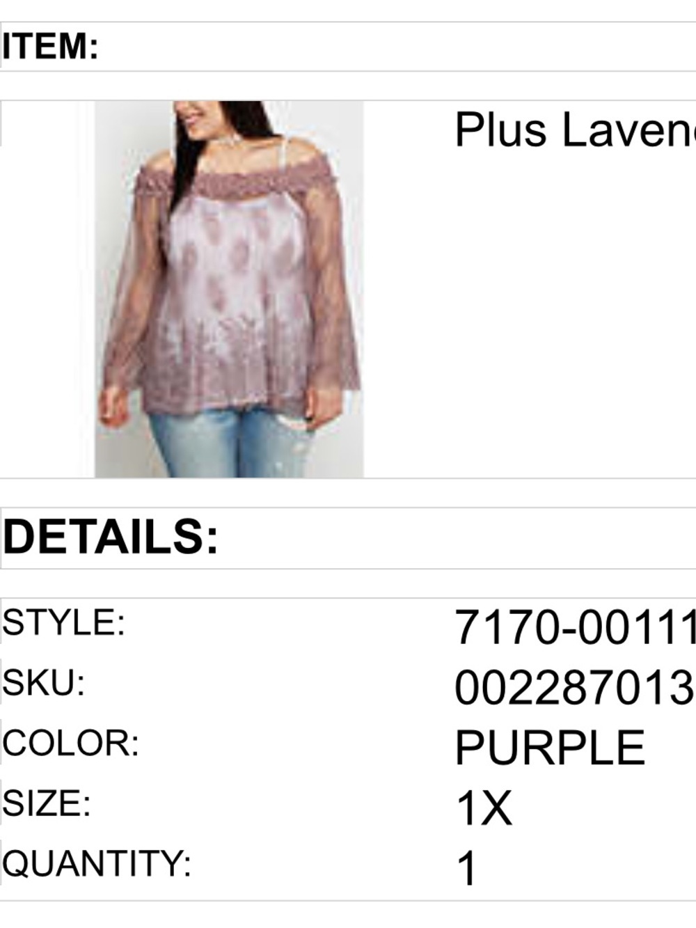 Plus Off-Shoulder Lavender Lace Trim Sheer Top in Mauve Purple 1x - Picture 8 of 8